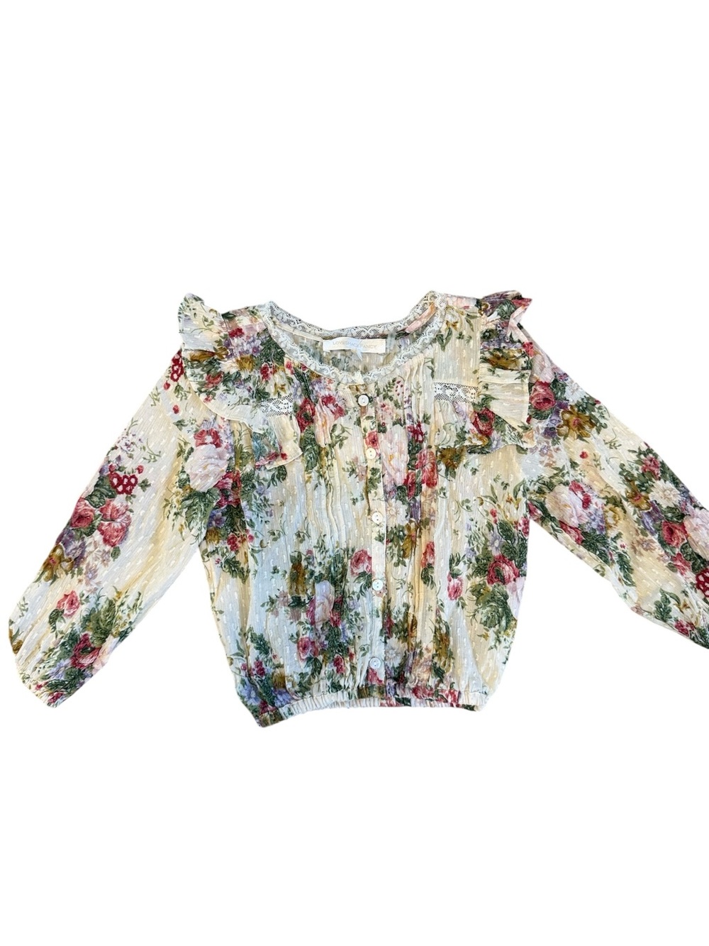 Love Shack Fancy Floral Ruffle-Trim Cream Blouse